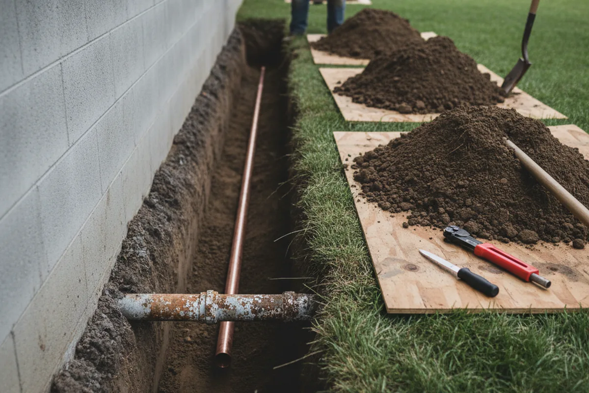 Excavated water line trench during Sewer Line Repair in Vandergrift